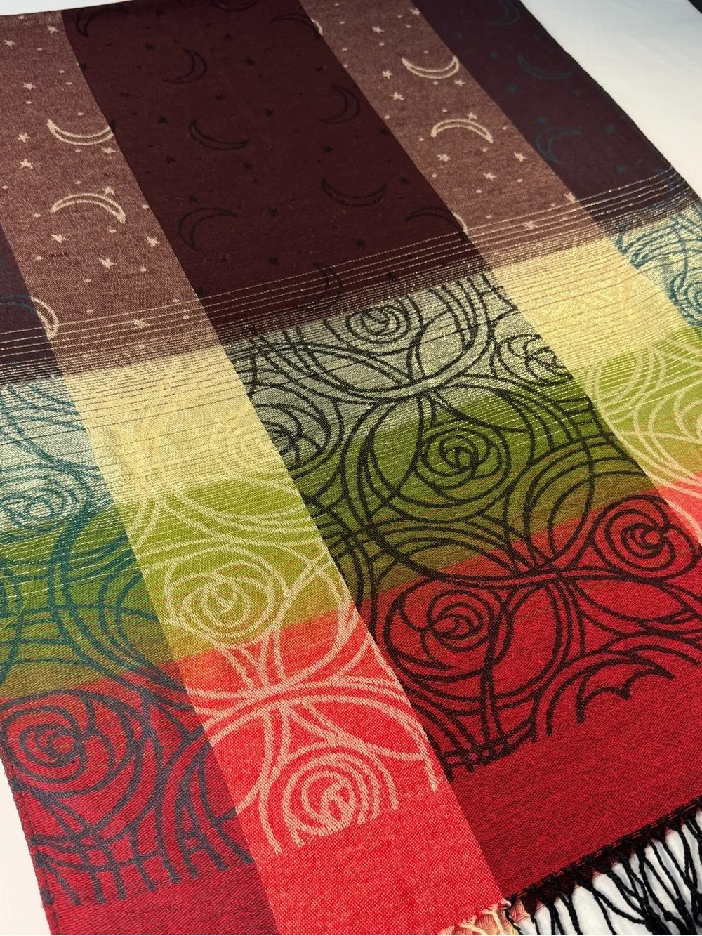 RIKKA Multicolor Patchwork Scarf Wrap Celestial Moons Stars Roses Fringe